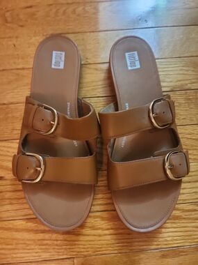 Women's Fitflop Gracie Brown Double Buckle Slide Sandals